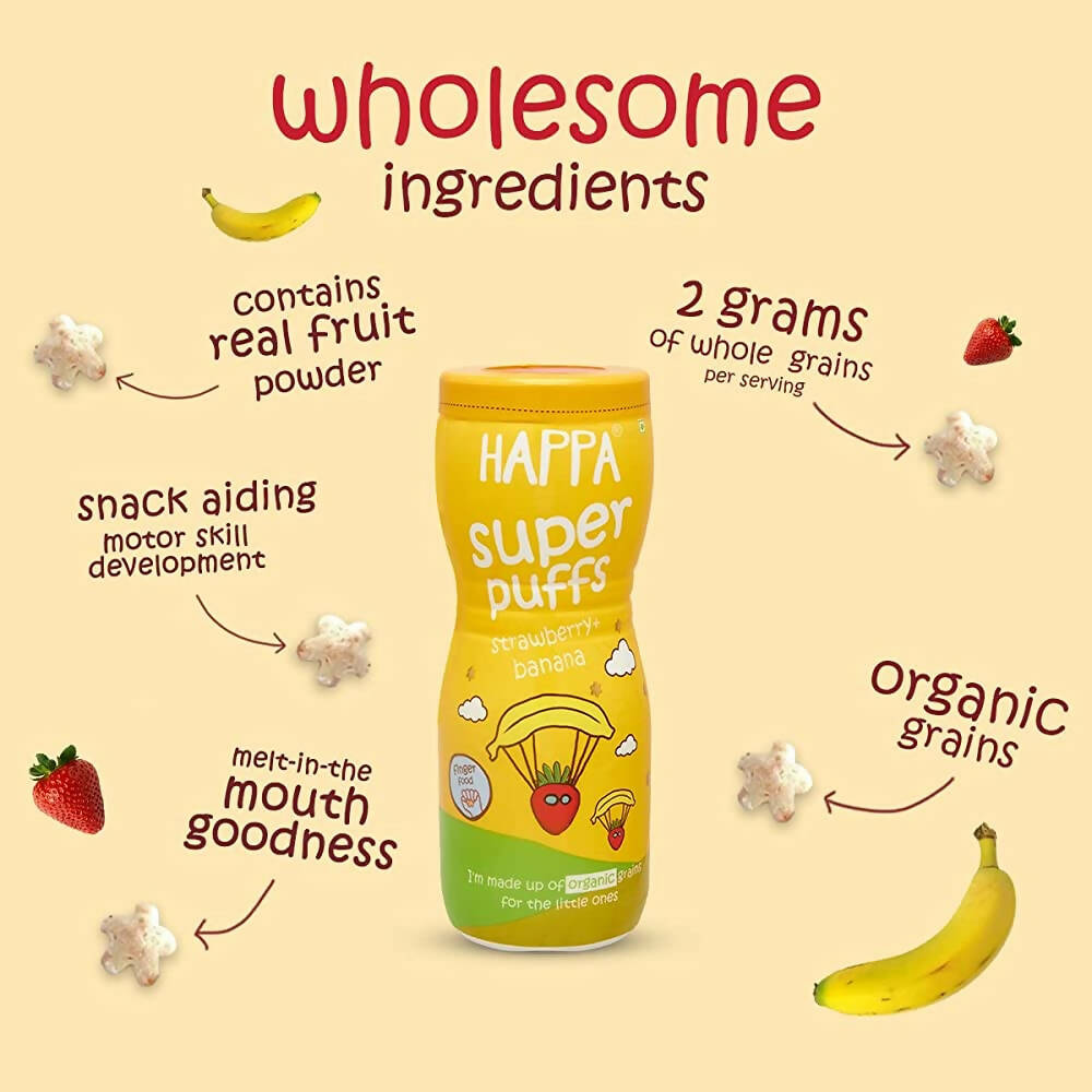 Happa Multigrain Strawberry & Banana Melts Super Puffs (8 Months+) - Swadesiicart