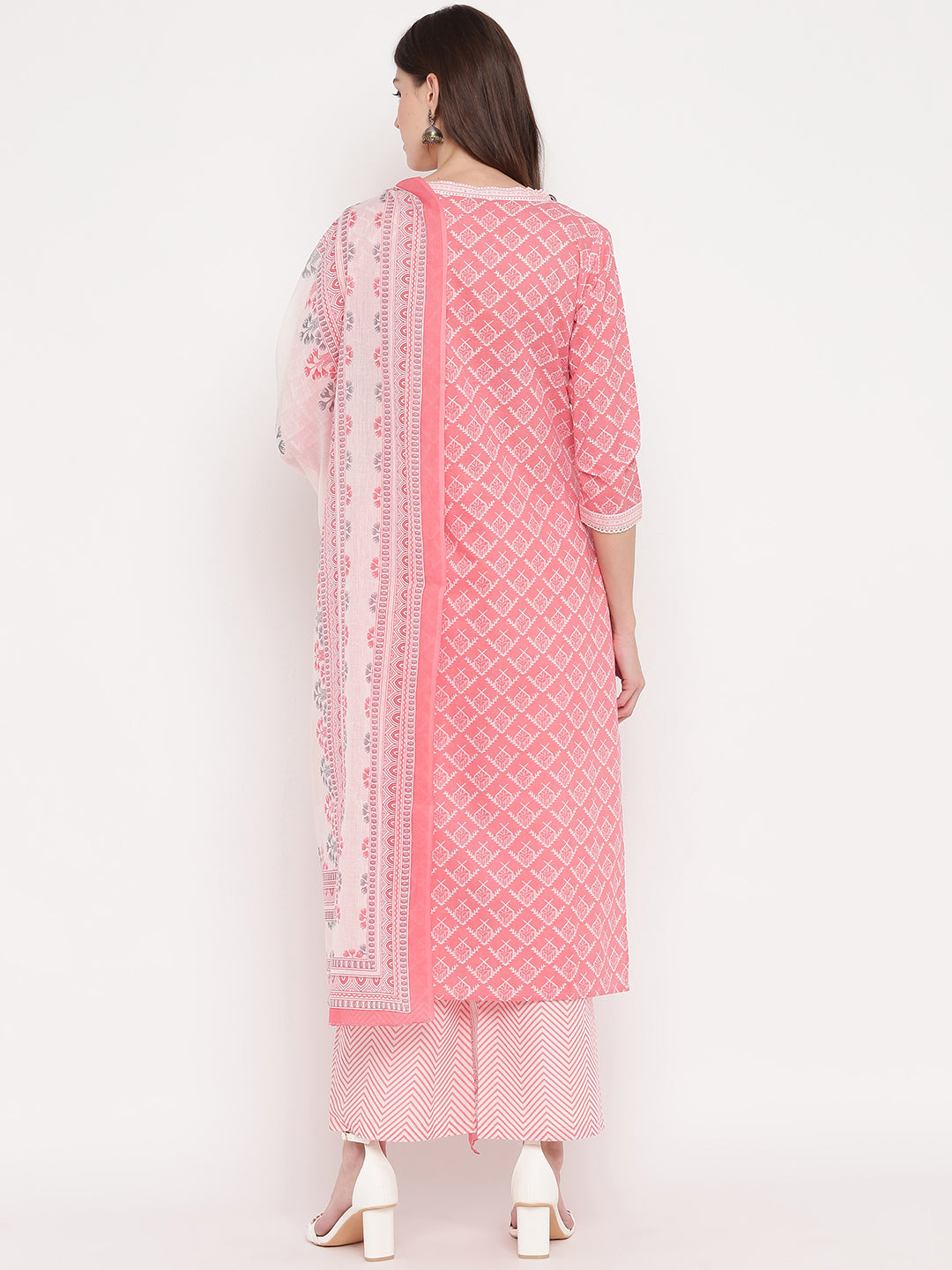 NOZ2TOZ Women Light Pink Cotton Kurta With Palazzo & Dupatta (3Pcs Set) - Swadesiicart