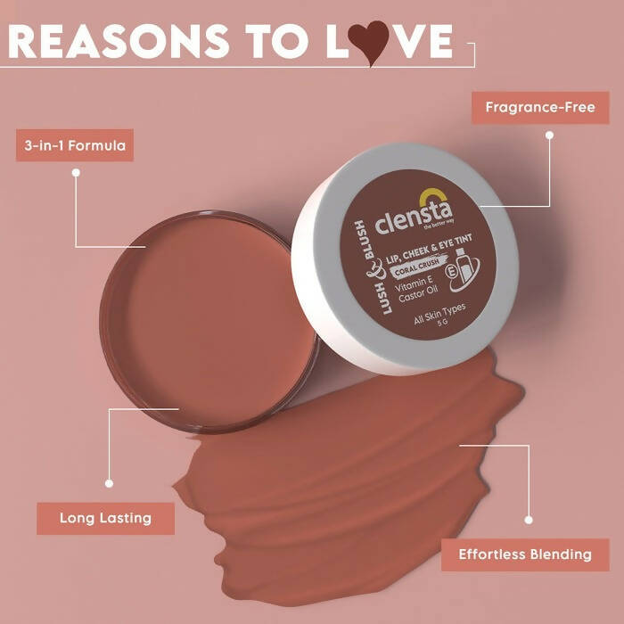 Clensta Lush & Blush Lip, Cheek & Eye Tint 06 Coral Crush - Swadesiicart