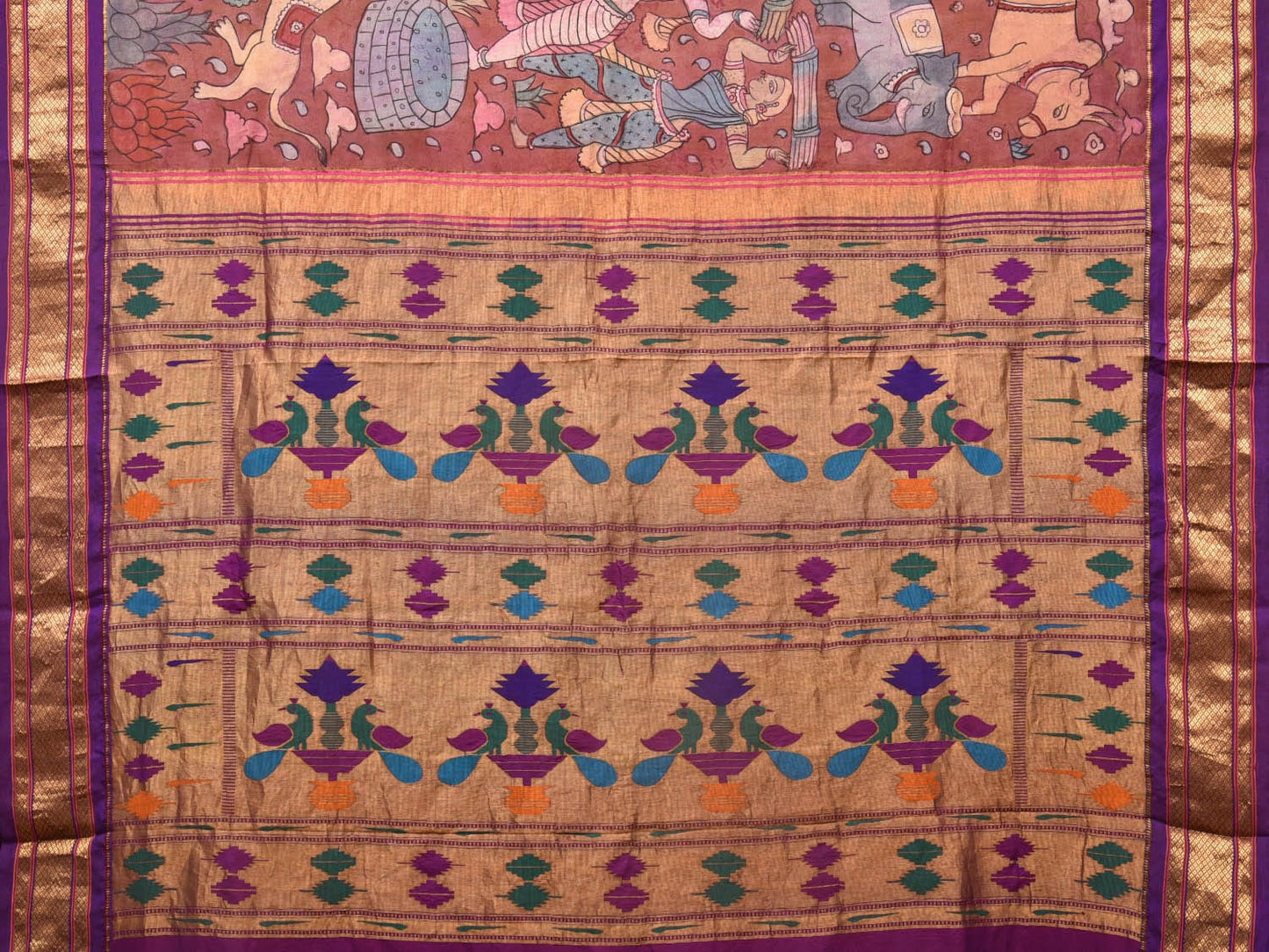 Rust and Purple Kalamkari Hand Painted Paithani Silk Handloom Saree with Village Theme Design - Global Threads | Swadesiicart