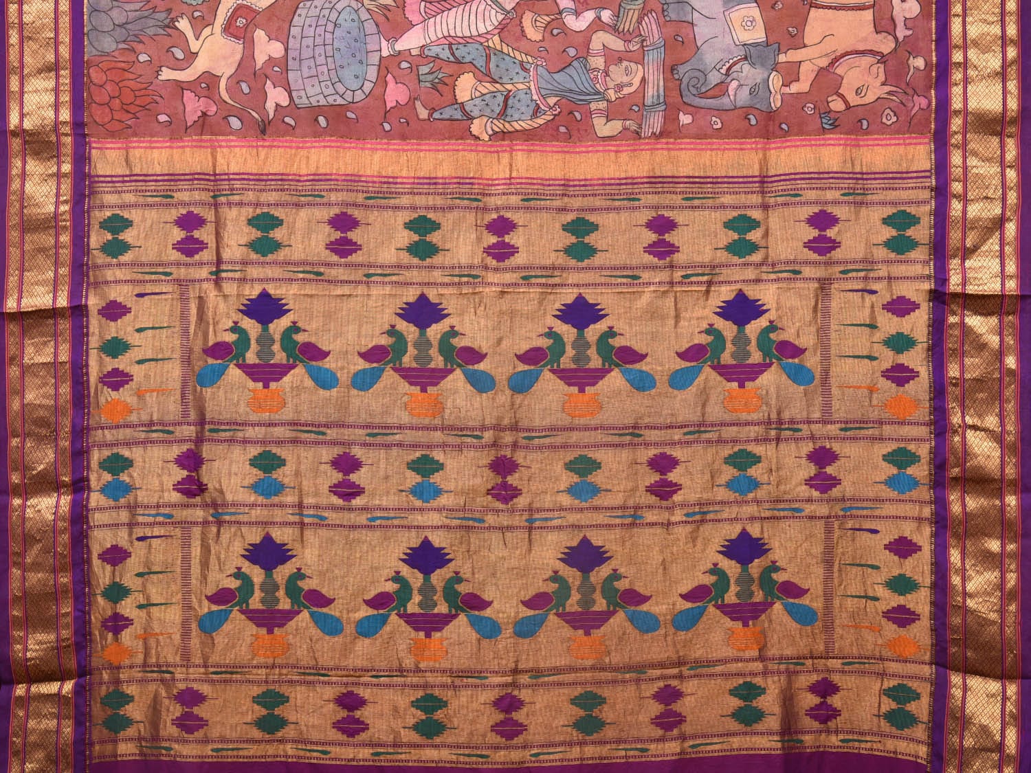 Rust and Purple Kalamkari Hand Painted Paithani Silk Handloom Saree with Village Theme Design - Global Threads | Swadesiicart