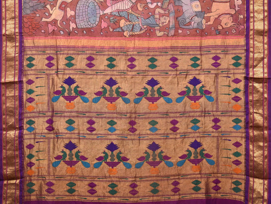 Rust and Purple Kalamkari Hand Painted Paithani Silk Handloom Saree with Village Theme Design - Global Threads | Swadesiicart