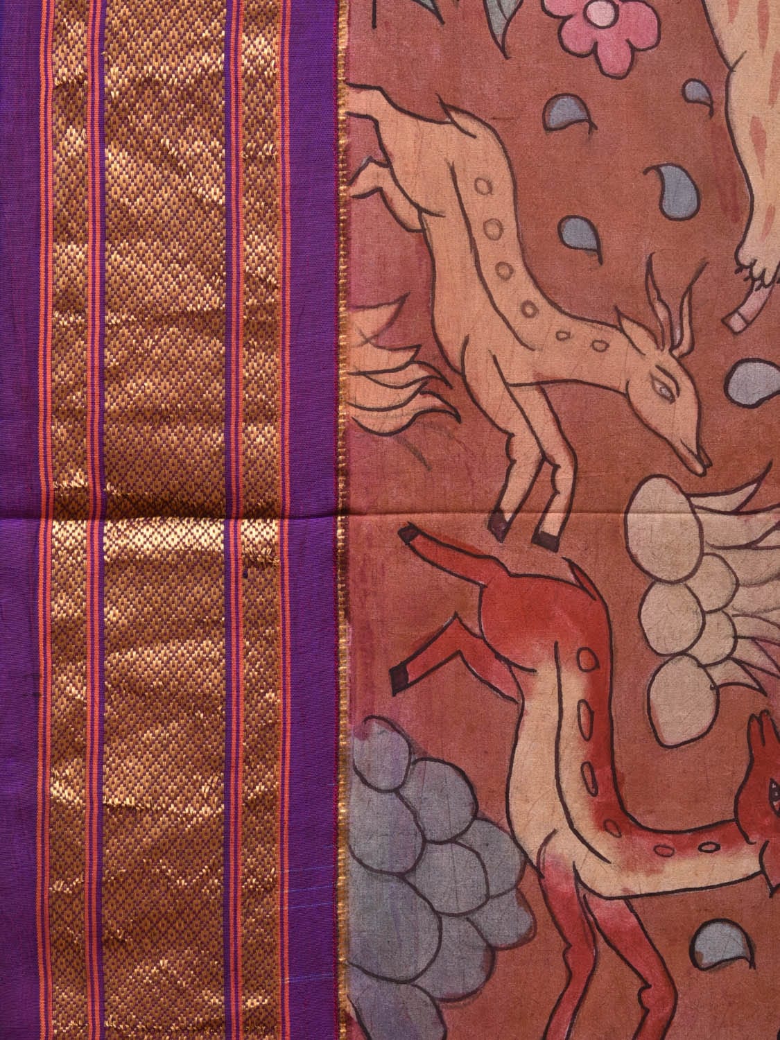 Rust and Purple Kalamkari Hand Painted Paithani Silk Handloom Saree with Village Theme Design - Global Threads | Swadesiicart