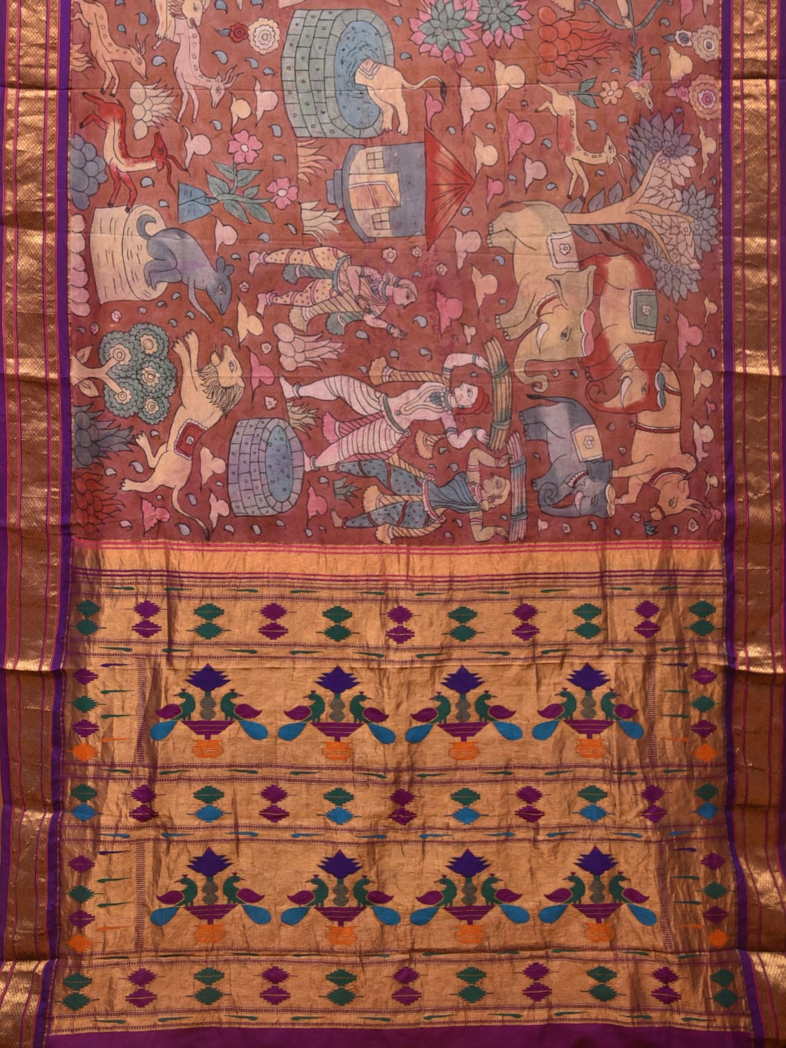 Rust and Purple Kalamkari Hand Painted Paithani Silk Handloom Saree with Village Theme Design - Global Threads | Swadesiicart