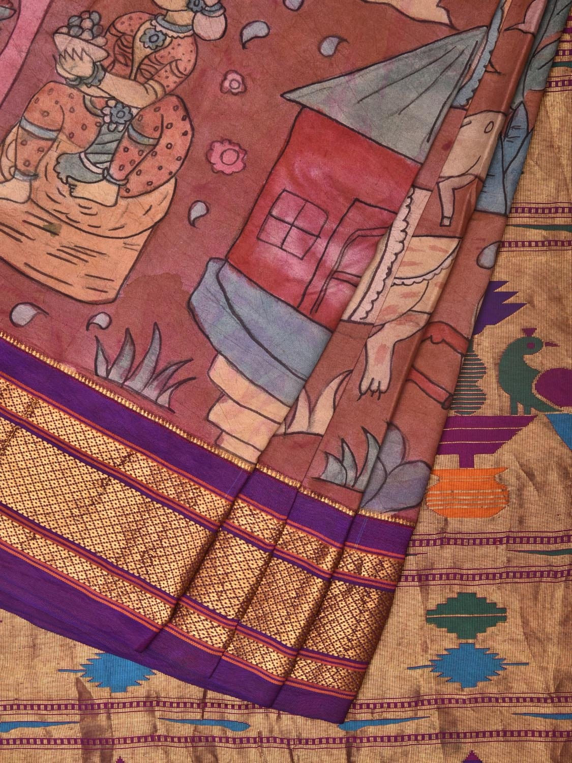 Rust and Purple Kalamkari Hand Painted Paithani Silk Handloom Saree with Village Theme Design - Global Threads | Swadesiicart