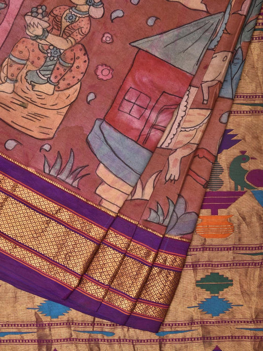 Rust and Purple Kalamkari Hand Painted Paithani Silk Handloom Saree with Village Theme Design - Global Threads | Swadesiicart
