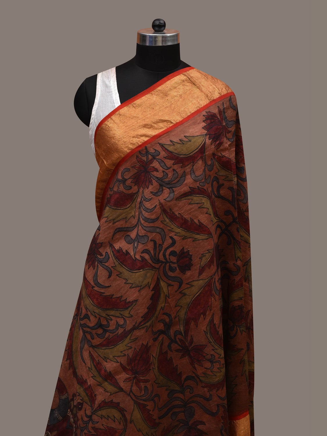 Rust Kalamkari Hand Painted Kanchipuram Silk Handloom Dupatta with Floral and Peacocks Design - Global Threads | Swadesiicart