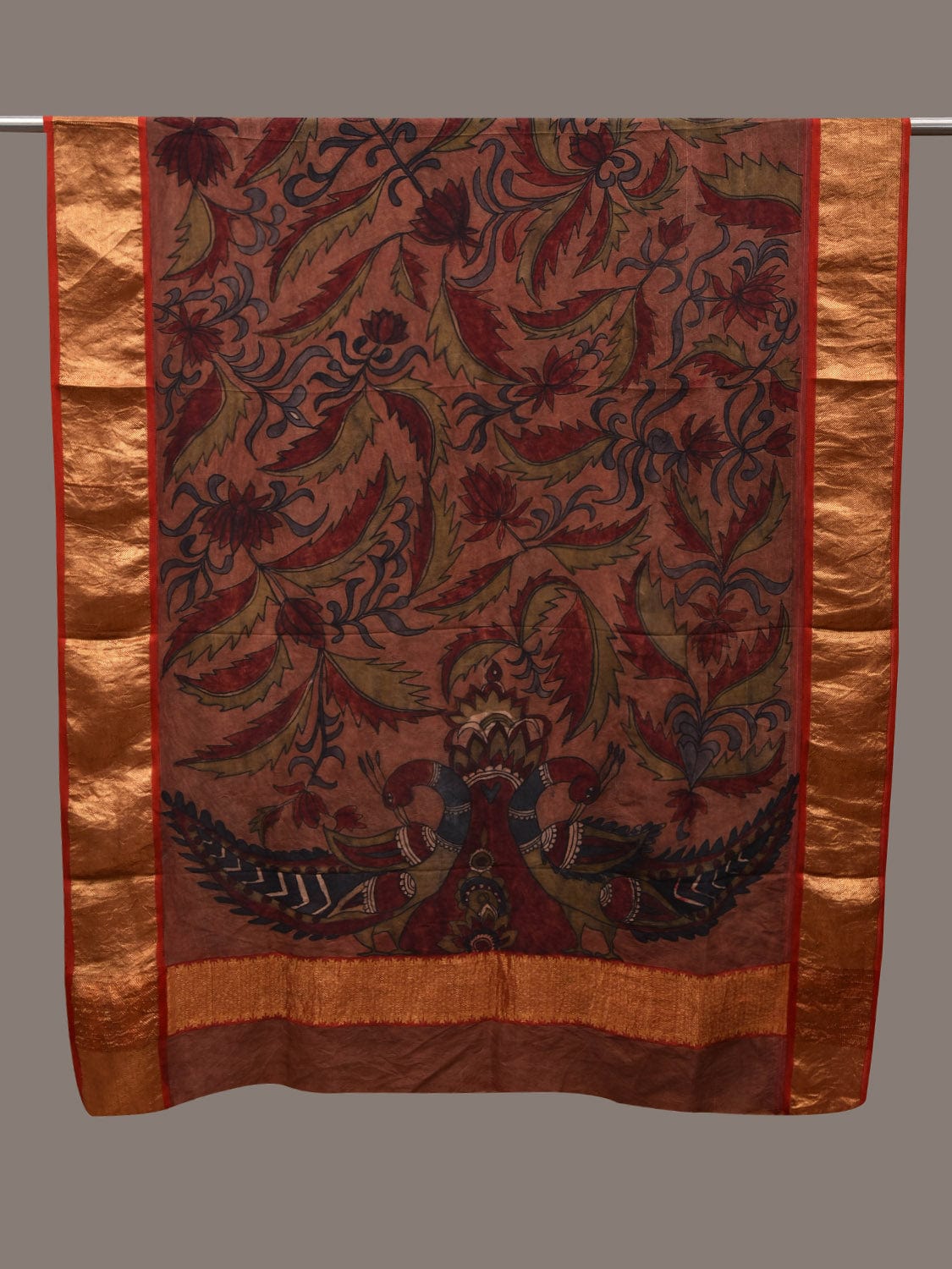 Rust Kalamkari Hand Painted Kanchipuram Silk Handloom Dupatta with Floral and Peacocks Design - Global Threads | Swadesiicart