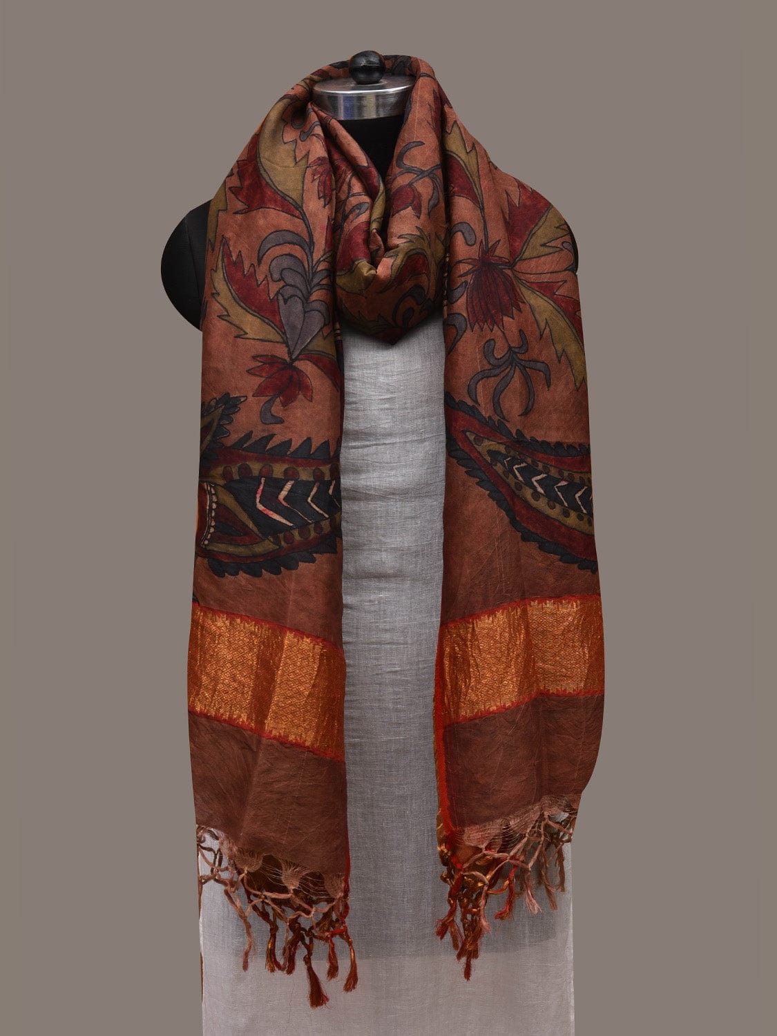 Rust Kalamkari Hand Painted Kanchipuram Silk Handloom Dupatta with Floral and Peacocks Design - Global Threads | Swadesiicart