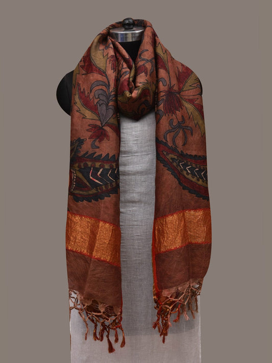 Rust Kalamkari Hand Painted Kanchipuram Silk Handloom Dupatta with Floral and Peacocks Design - Global Threads | Swadesiicart