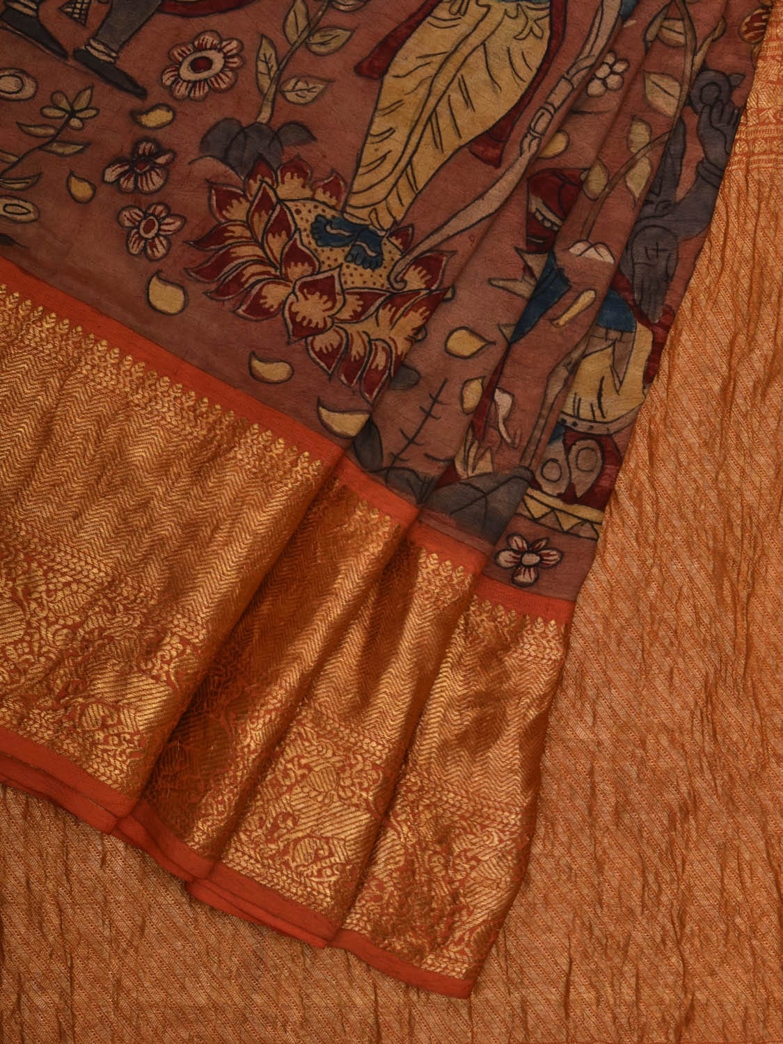 Rust Kalamkari Hand Painted Kanchipuram Silk Handloom Saree with Dashavatar Design - Global Threads | Swadesiicart
