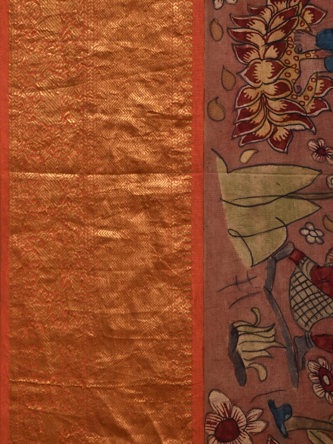 Rust Kalamkari Hand Painted Kanchipuram Silk Handloom Saree with Dashavatar Design - Global Threads | Swadesiicart