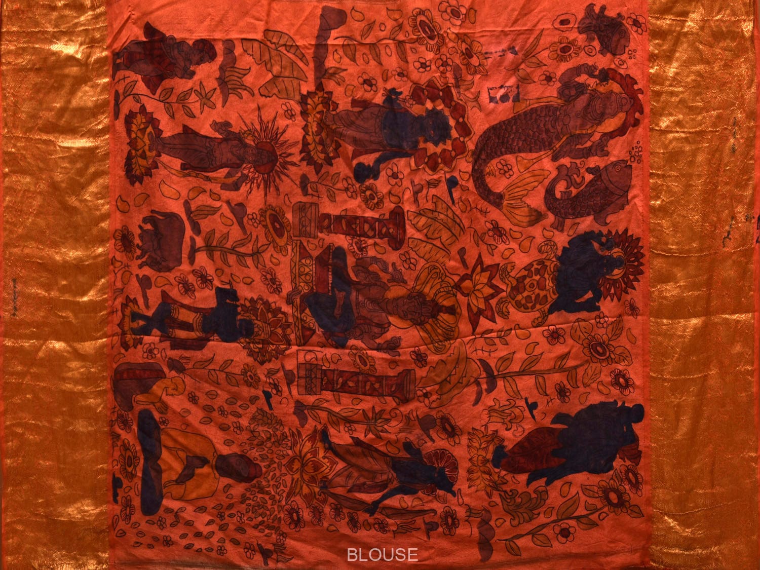 Rust Kalamkari Hand Painted Kanchipuram Silk Handloom Saree with Dashavatar Design - Global Threads | Swadesiicart
