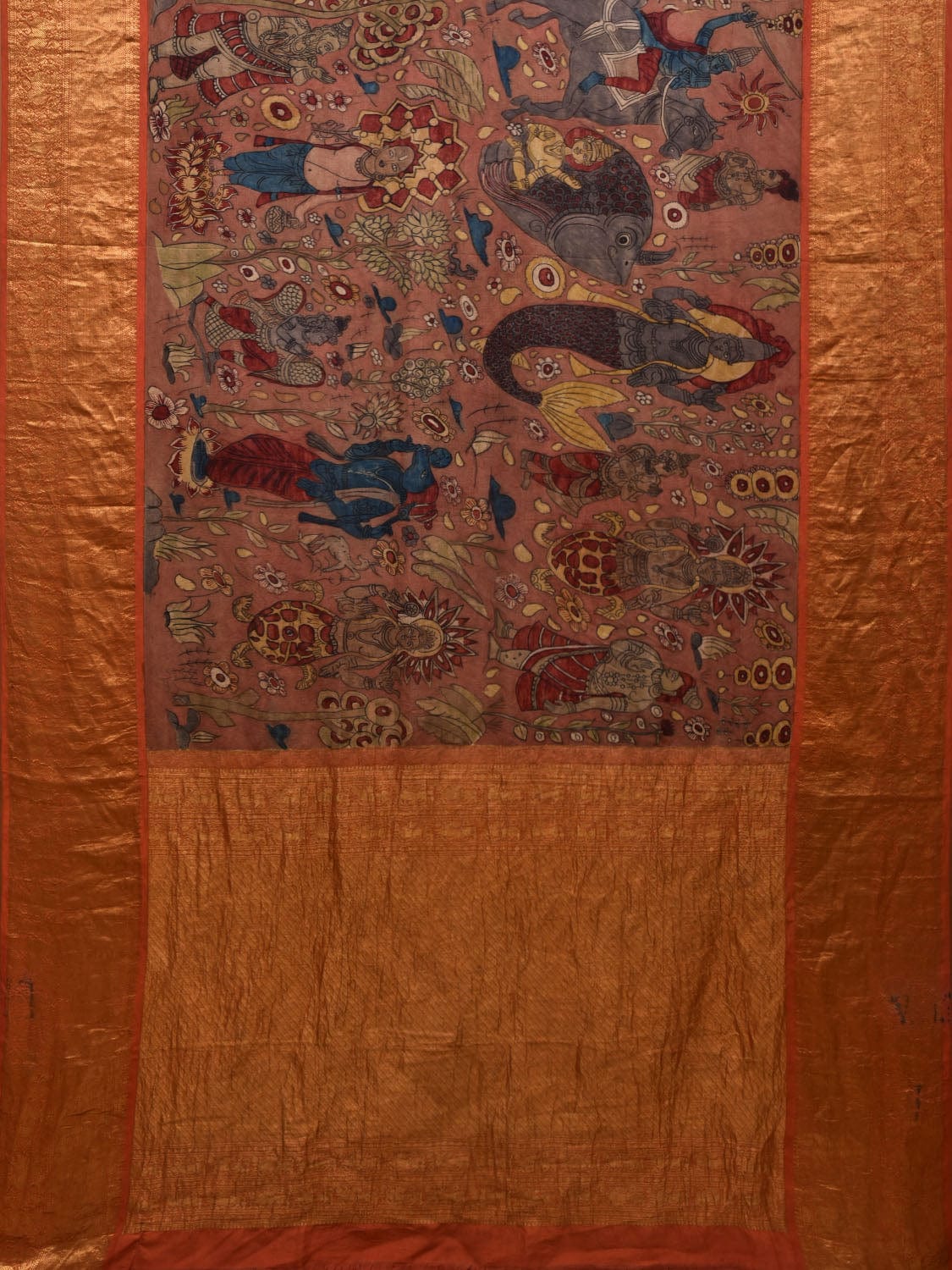 Rust Kalamkari Hand Painted Kanchipuram Silk Handloom Saree with Dashavatar Design - Global Threads | Swadesiicart