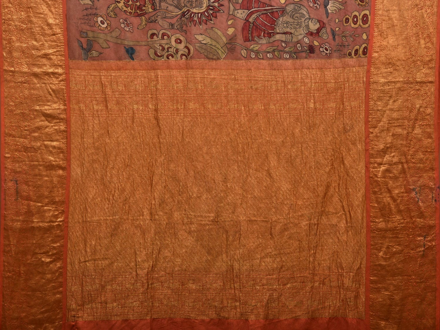 Rust Kalamkari Hand Painted Kanchipuram Silk Handloom Saree with Dashavatar Design - Global Threads | Swadesiicart