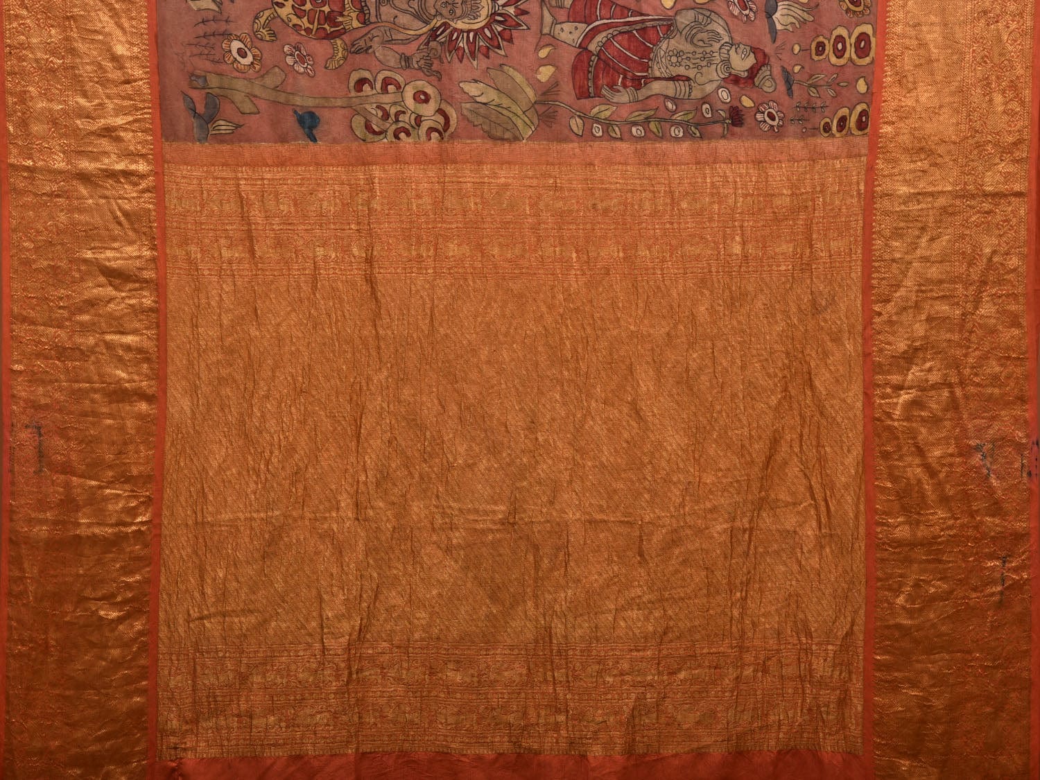 Rust Kalamkari Hand Painted Kanchipuram Silk Handloom Saree with Dashavatar Design - Global Threads | Swadesiicart