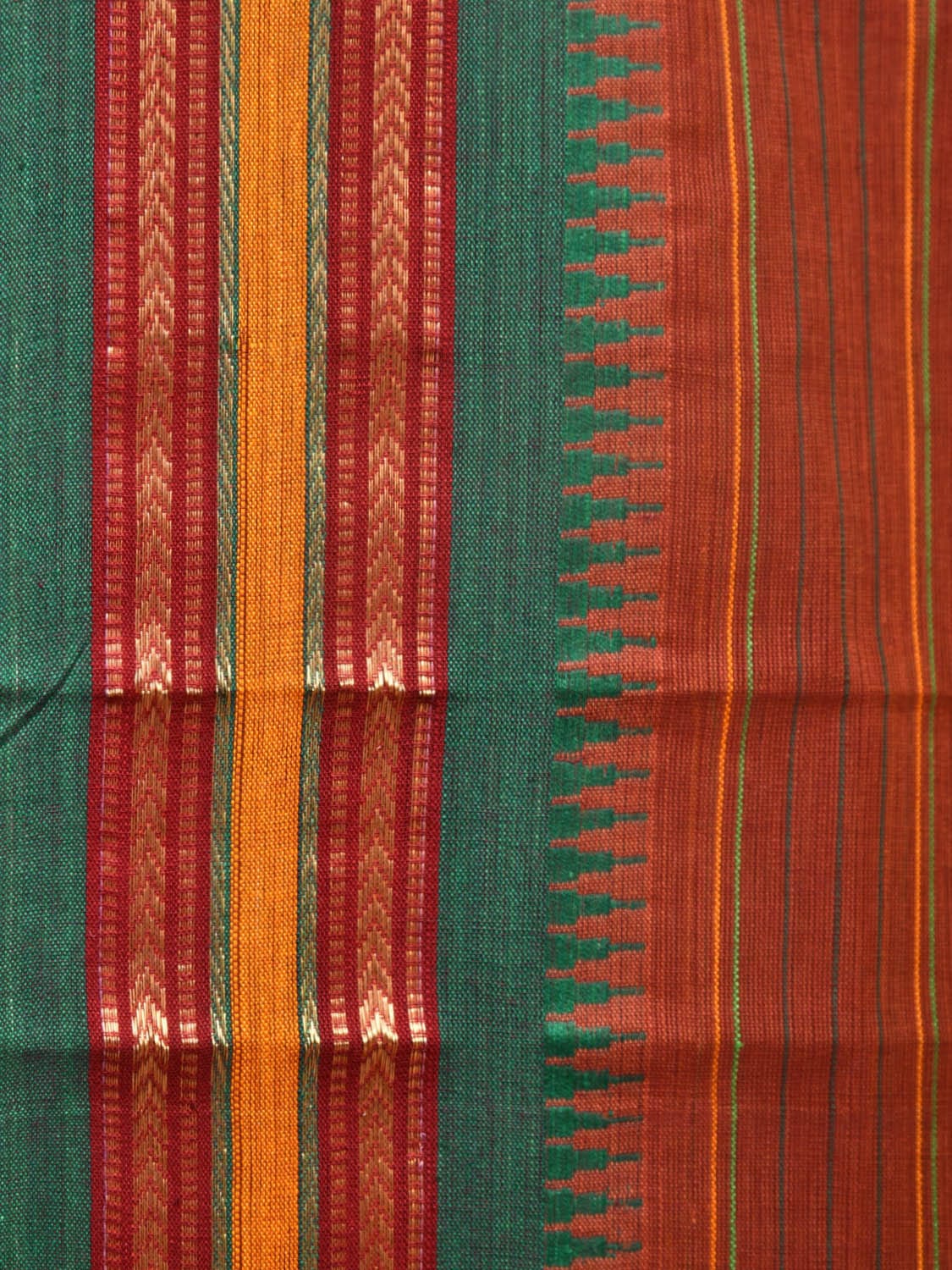Rust Narayanpet Cotton Handloom Saree with Strips Design No Blouse - Global Threads | Swadesiicart