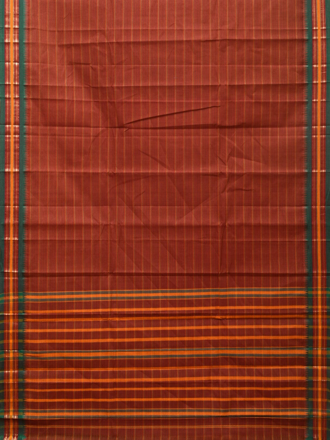 Rust Narayanpet Cotton Handloom Saree with Strips Design No Blouse - Global Threads | Swadesiicart