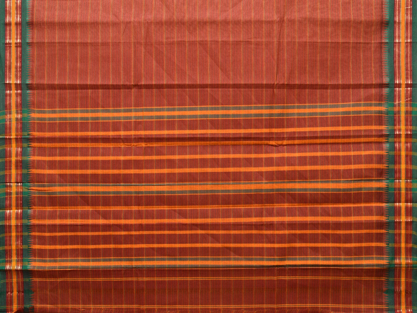 Rust Narayanpet Cotton Handloom Saree with Strips Design No Blouse - Global Threads | Swadesiicart