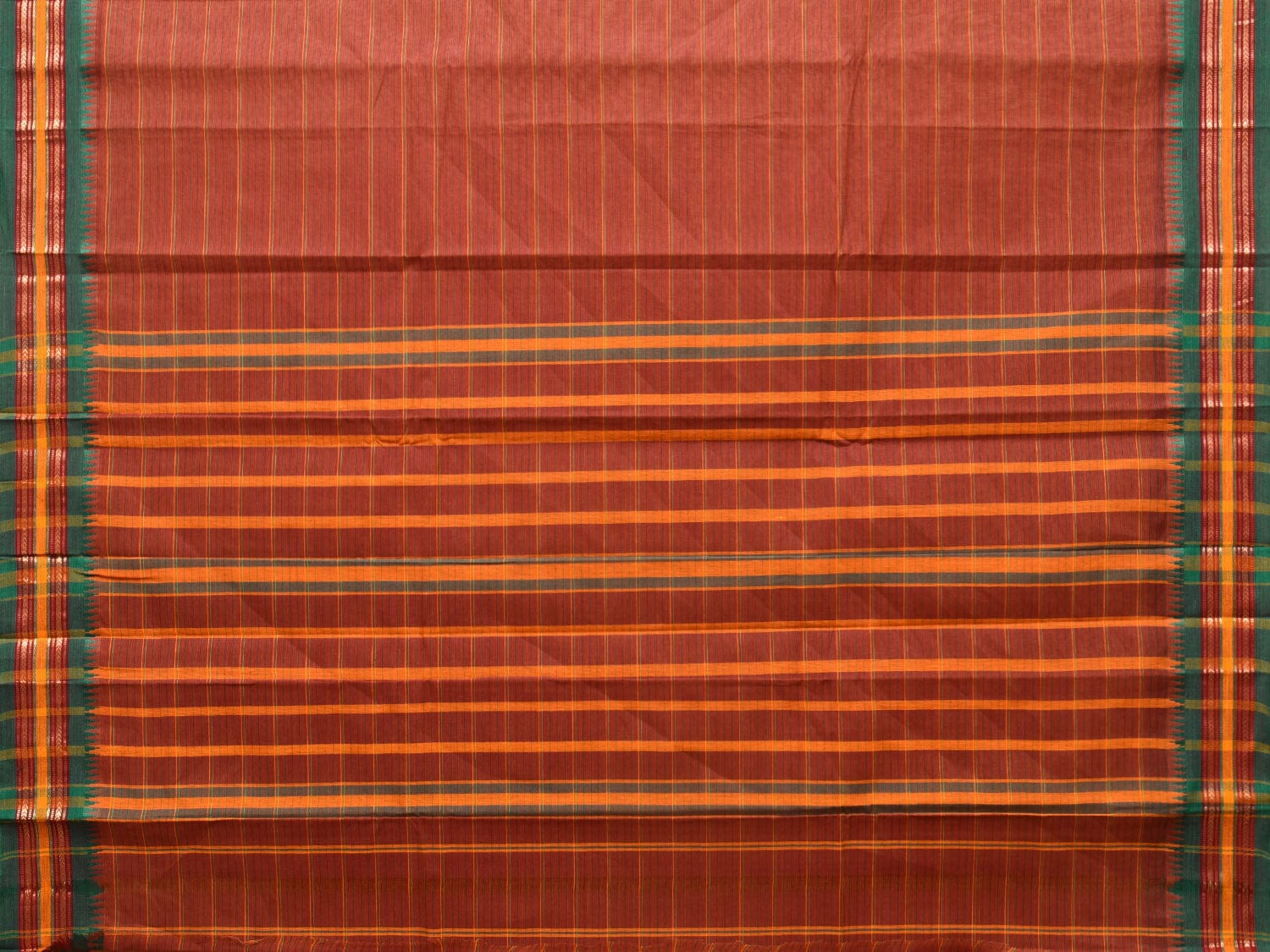 Rust Narayanpet Cotton Handloom Saree with Strips Design No Blouse - Global Threads | Swadesiicart