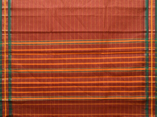 Rust Narayanpet Cotton Handloom Saree with Strips Design No Blouse - Global Threads | Swadesiicart