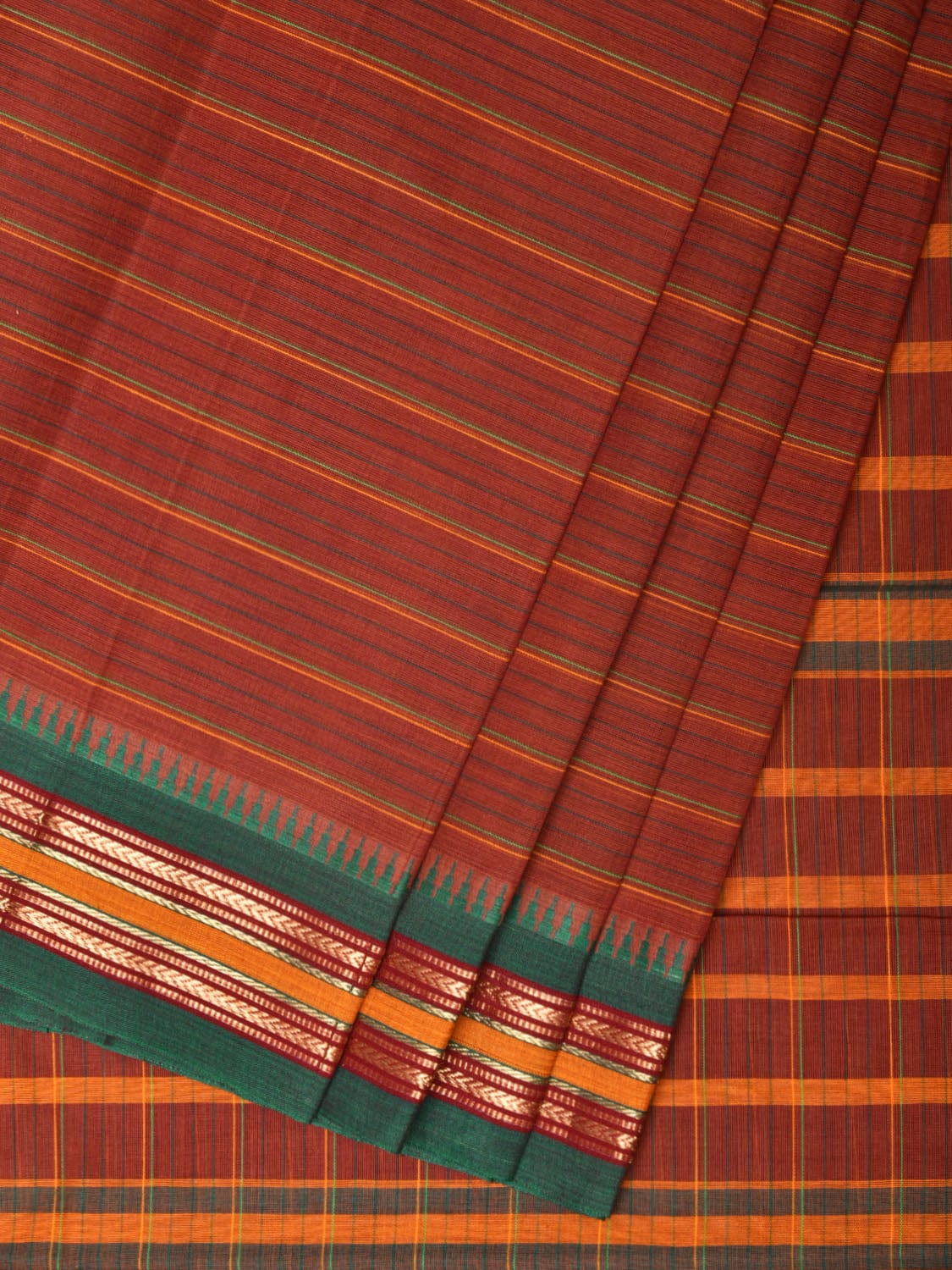 Rust Narayanpet Cotton Handloom Saree with Strips Design No Blouse - Global Threads | Swadesiicart