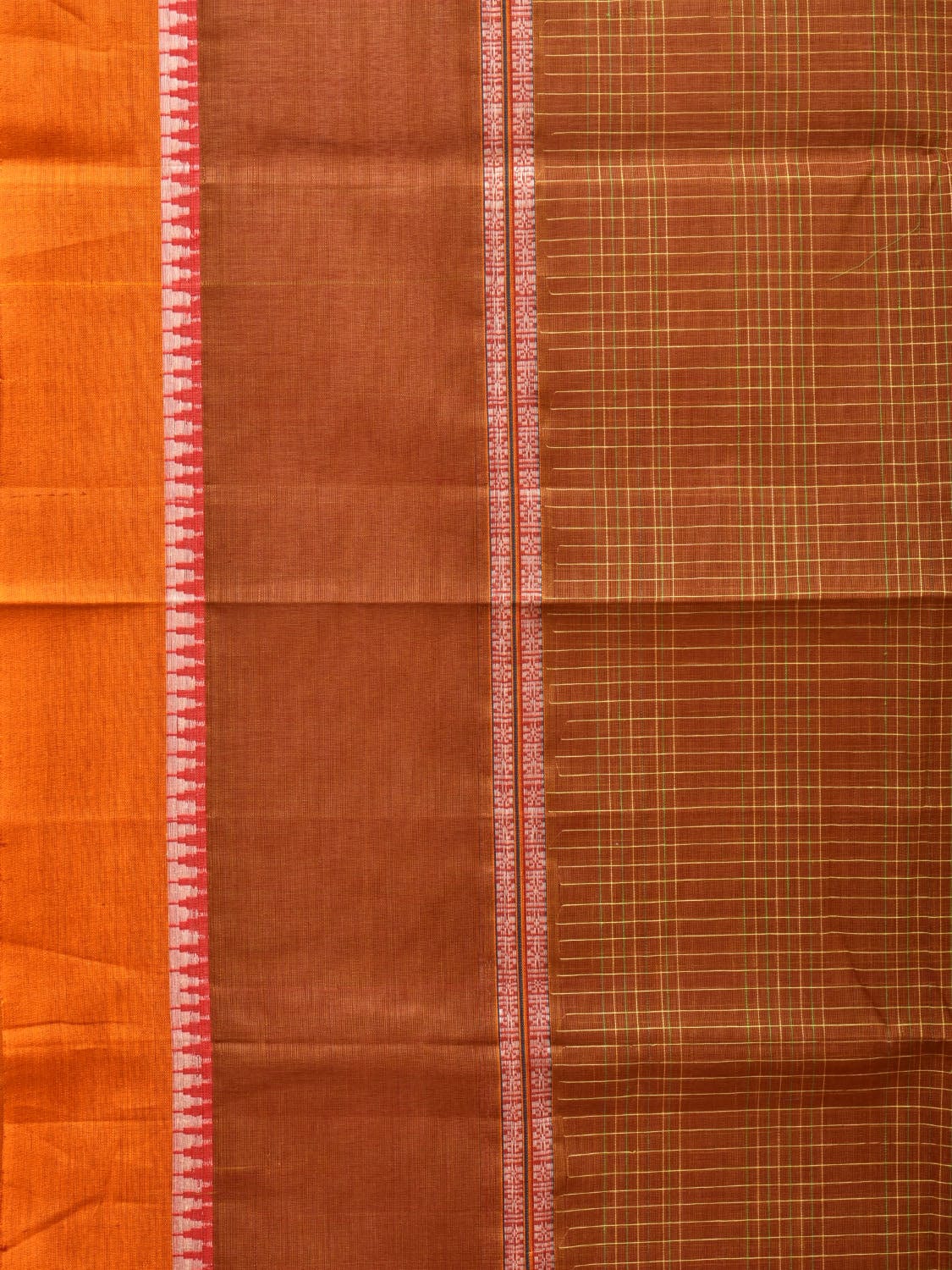 Rust Narayanpet Cotton Handloom Saree with Strips Design No Blouse - Global Threads | Swadesiicart
