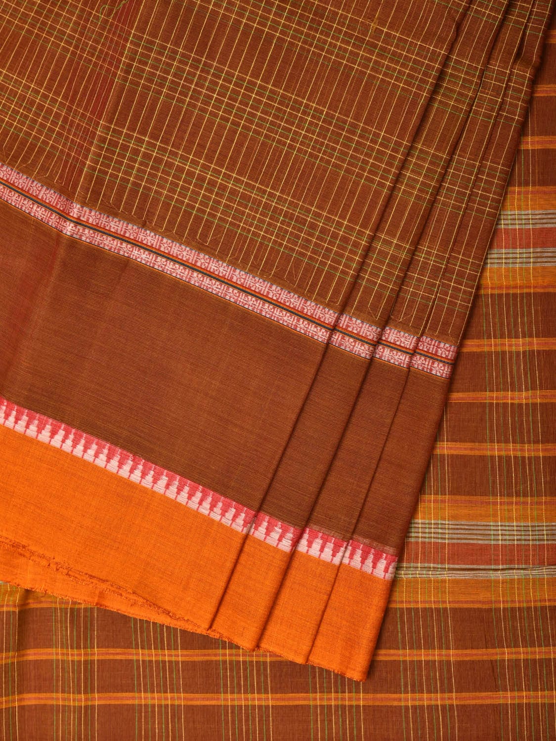 Rust Narayanpet Cotton Handloom Saree with Strips Design No Blouse - Global Threads | Swadesiicart
