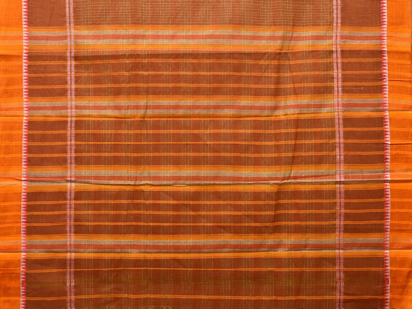 Rust Narayanpet Cotton Handloom Saree with Strips Design No Blouse - Global Threads | Swadesiicart
