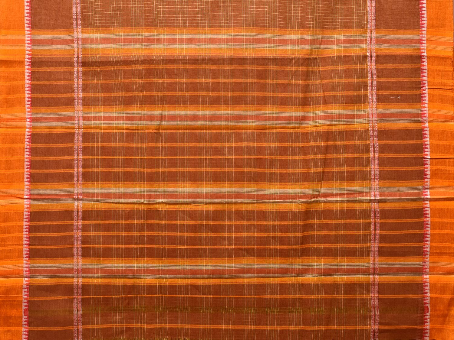Rust Narayanpet Cotton Handloom Saree with Strips Design No Blouse - Global Threads | Swadesiicart
