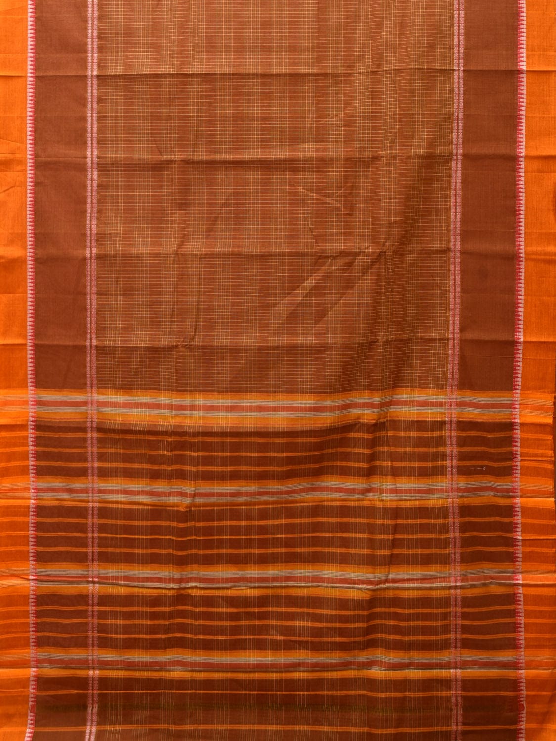 Rust Narayanpet Cotton Handloom Saree with Strips Design No Blouse - Global Threads | Swadesiicart