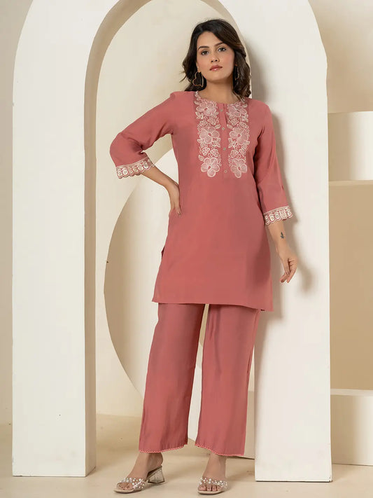 Yufta Rust Thread_Work Shirt And Trouser Silk Blend Co-Ord Set - Swadesiicart