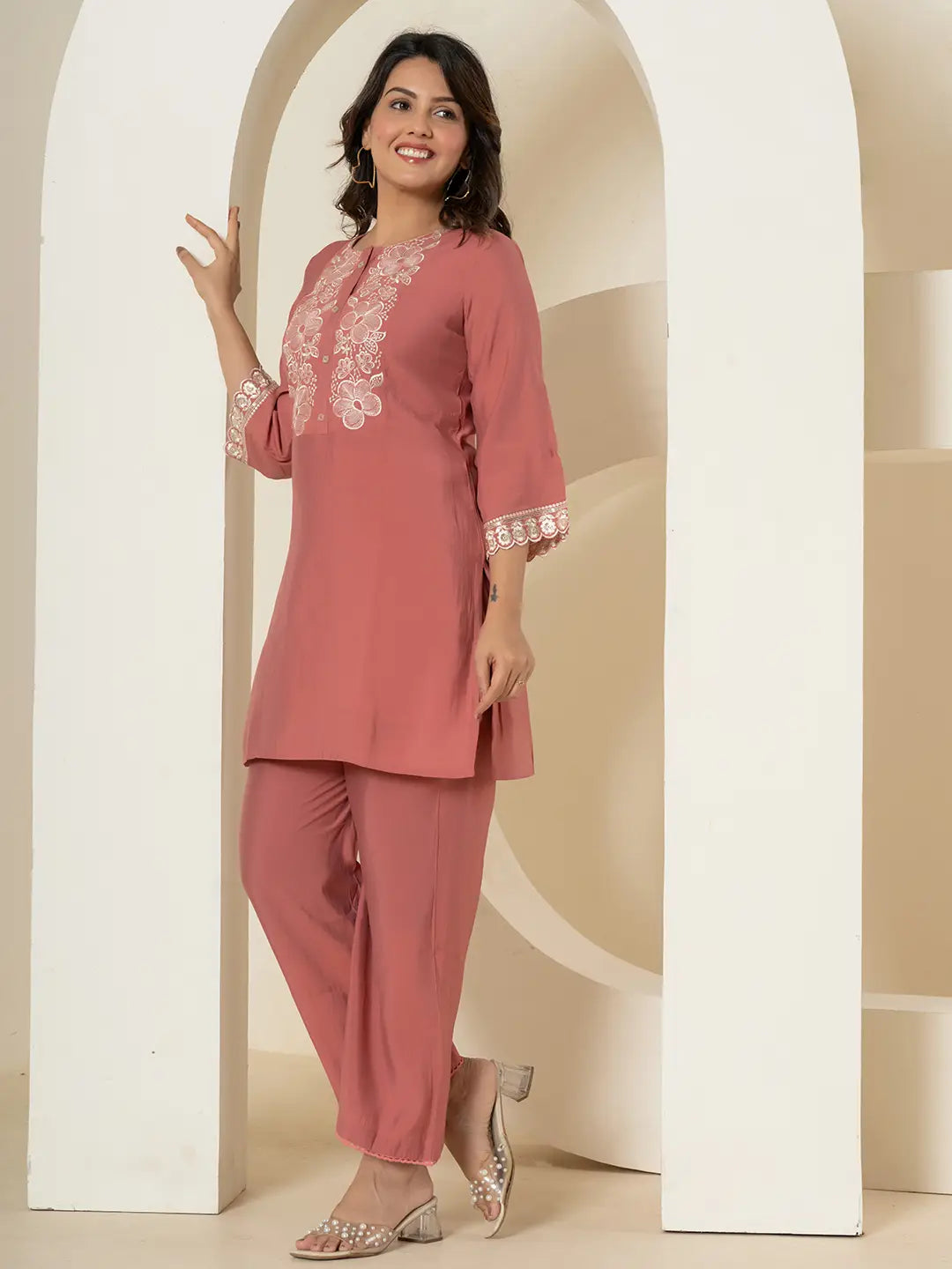 Yufta Rust Thread_Work Shirt And Trouser Silk Blend Co-Ord Set - Swadesiicart
