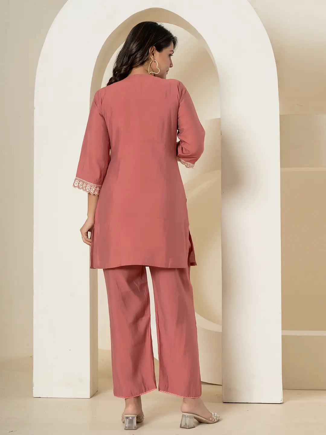Yufta Rust Thread_Work Shirt And Trouser Silk Blend Co-Ord Set - Swadesiicart