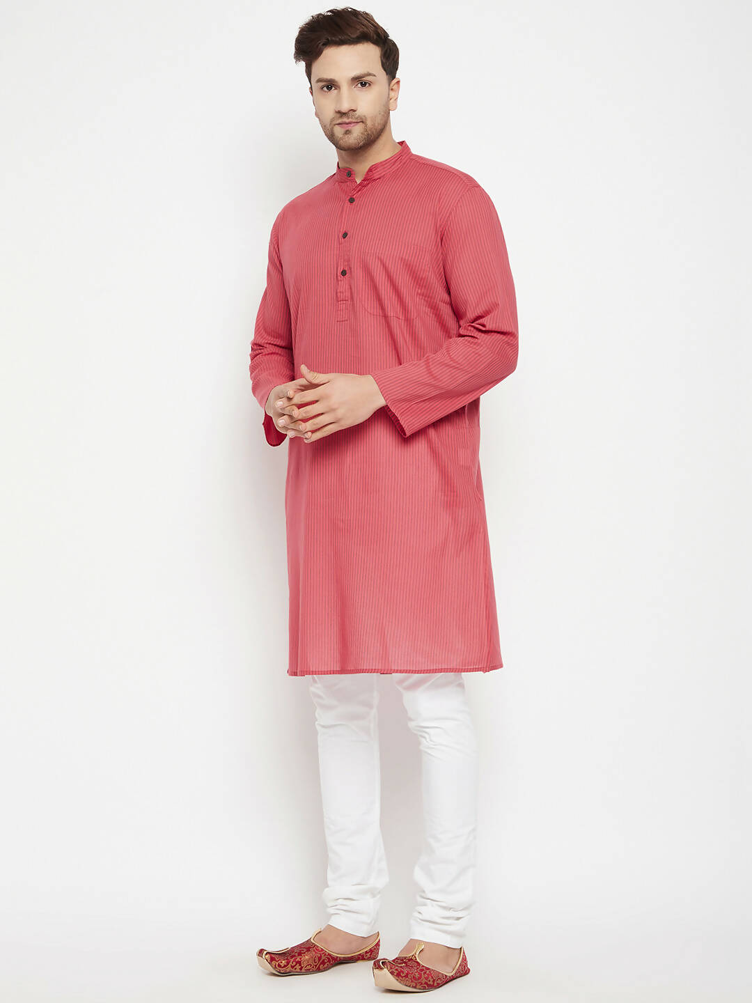 Even Apparels Rust Pure Cotton Long Men's Kurta With Band Collar | Swadesiicart