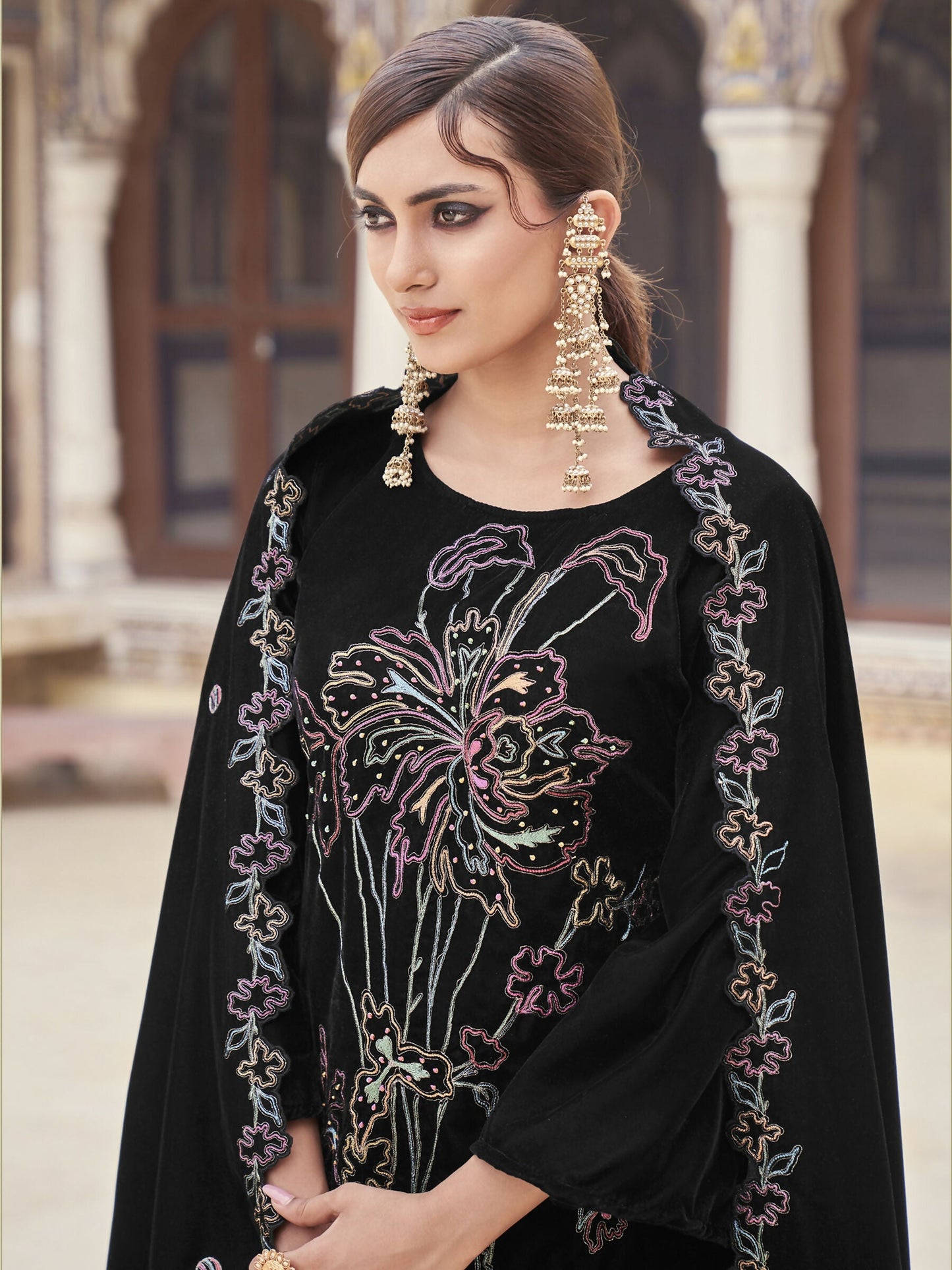 Jyoti Fashion Women's Black Velvet Resham Thread with Jari & Sequin Kurta with Trouser & Dupatta | Swadesiicart