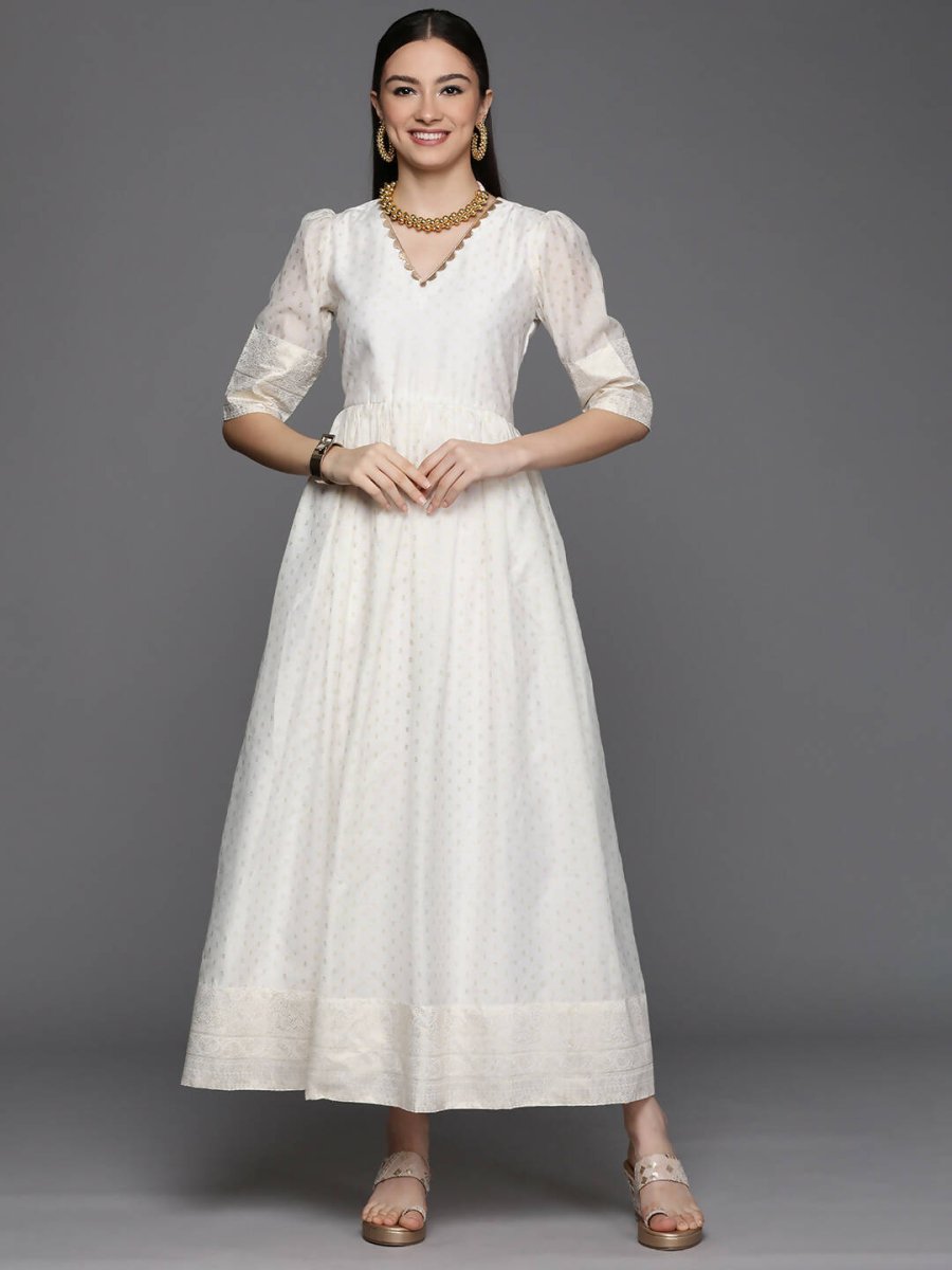 Ahalyaa Women's Off white Chanderi Gold Pasted Dress | Swadesiicart
