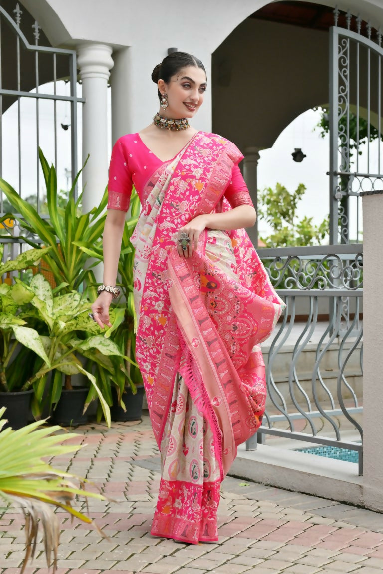 Vishnu Weaves Women's Pink Banarasi Silk Patola Zari Woven Saree with Blouse - Swadesiicart