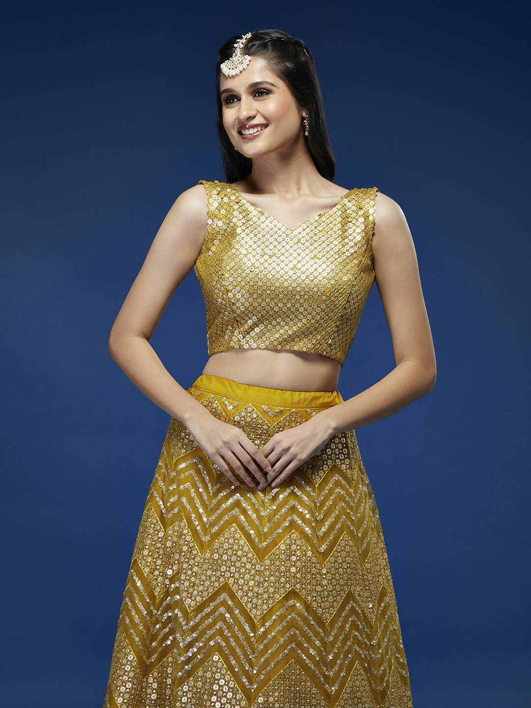 House of Panchhi Mustard Net Sequinse Work Lehenga & Blouse, Dupatta | Swadesiicart