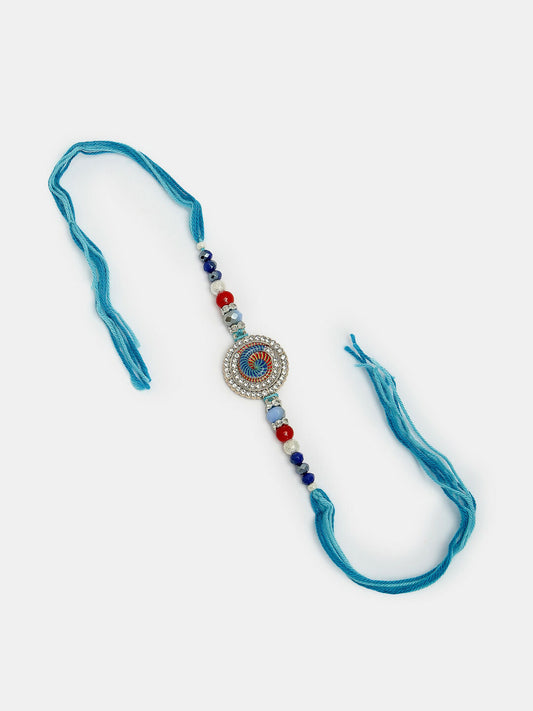 NVR Women & Men Set of 2 Blue Kundan-Studded & Beaded Bhaiya Bhabhi Rakhi With Roli Chawal & Chocolate | Swadesiicart