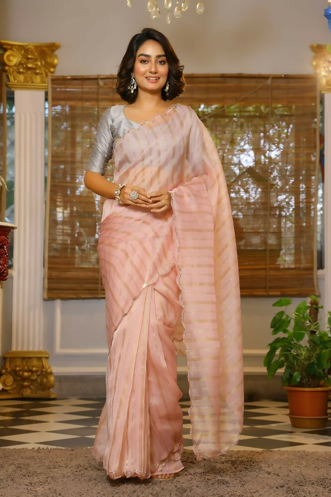 Vamsee Vijaytara Peach Organza Saree - Swadesiicart