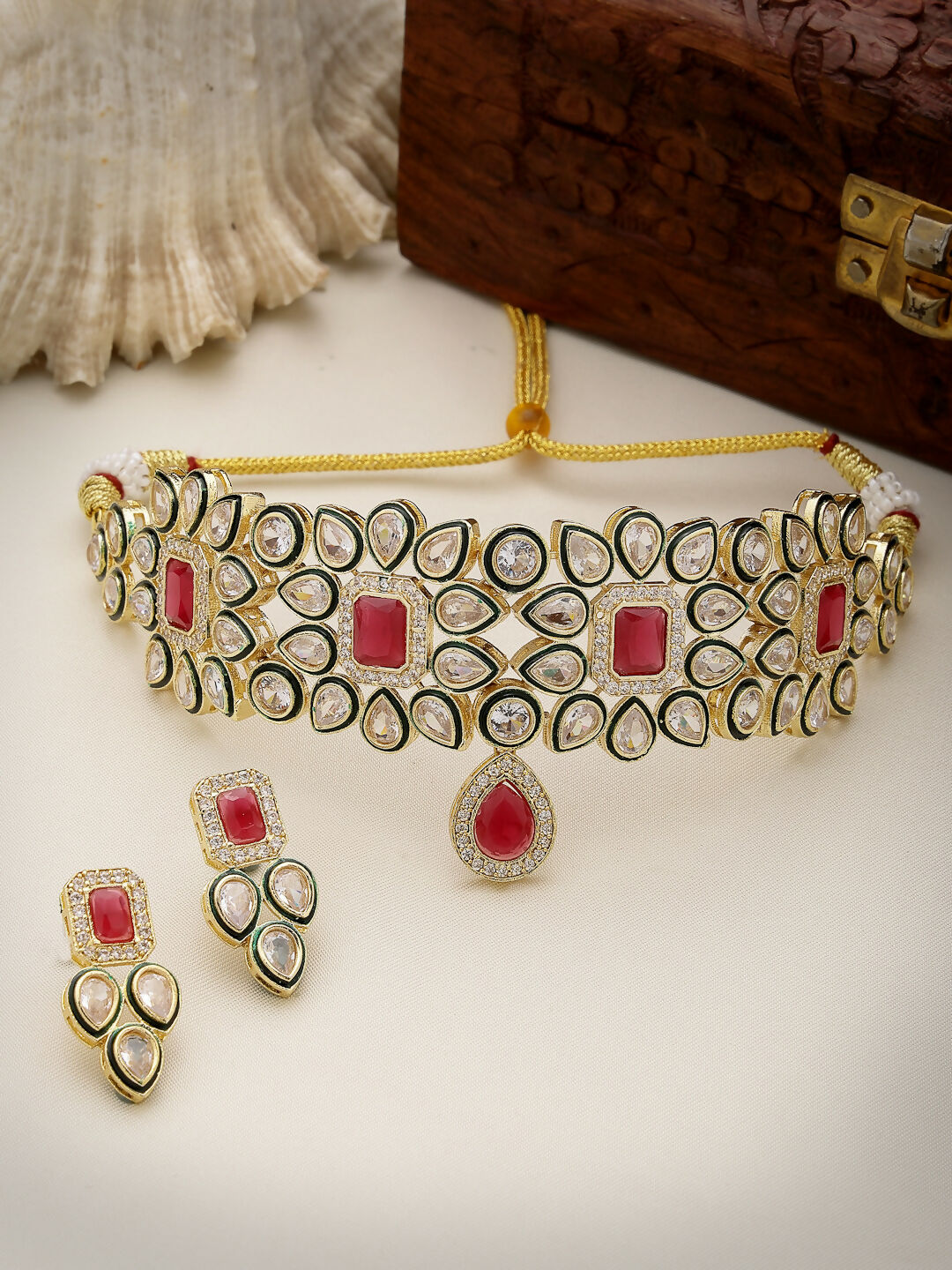 NVR Women's Red & Gold Kundan Studded Handcrafted Choker Jewellery Set - Swadesiicart