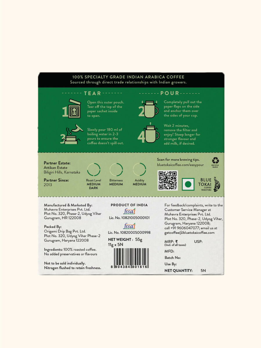 Blue Tokai Attikan Estate Medium-Dark Roast Easy Pour Sachets - Swadesiicart