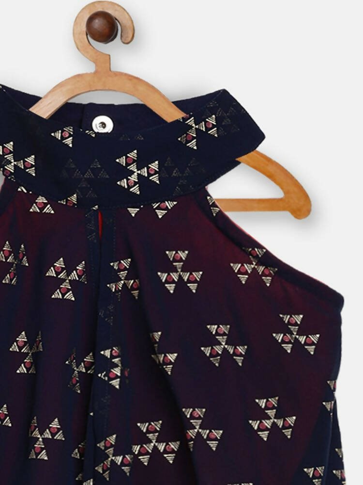 Ahalyaa Navy Printed Chanderi Silk Kids Kurta With Pant For Girls | Swadesiicart