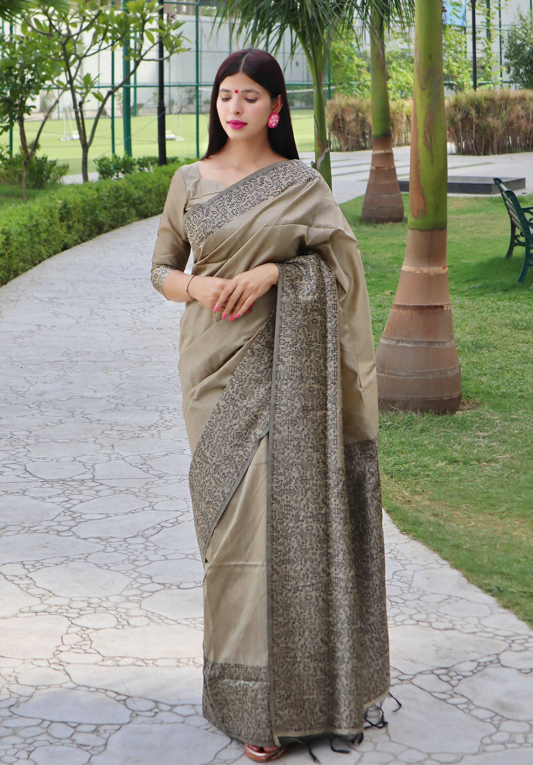 Vishnu Weaves Women's Chiku Handloom Raw Silk Woven Border Saree with Unstitched Blouse - Swadesiicart