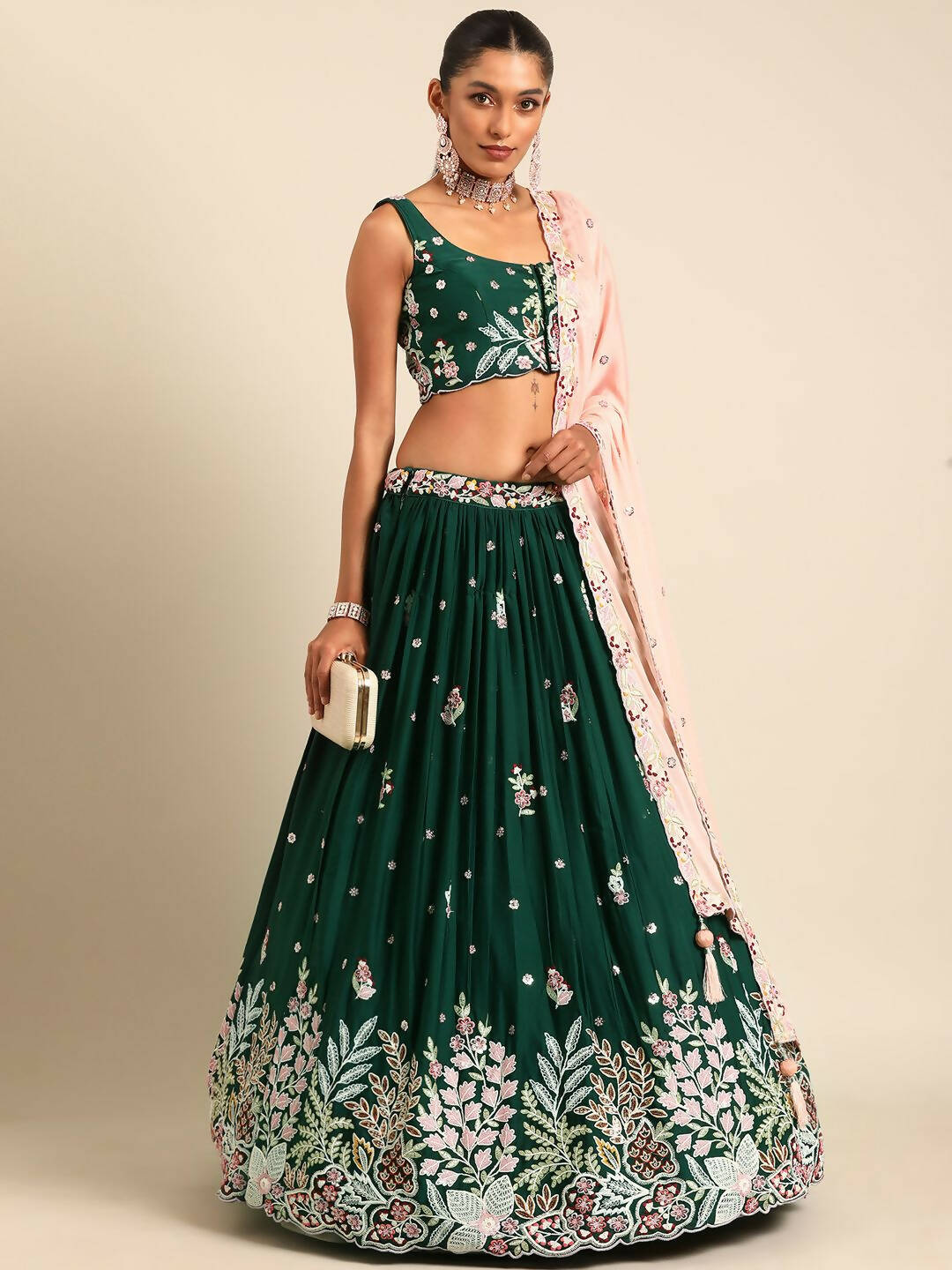 House of Panchhi Green Georgette Sequins and thread embroidery Lehenga choli & Dupatta | Swadesiicart