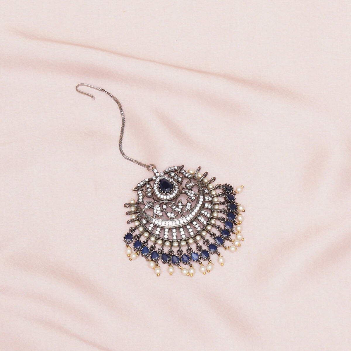 Oversized Diamond & Blue Stone Maang Tikka- Ruby Raang | Swadesiicart