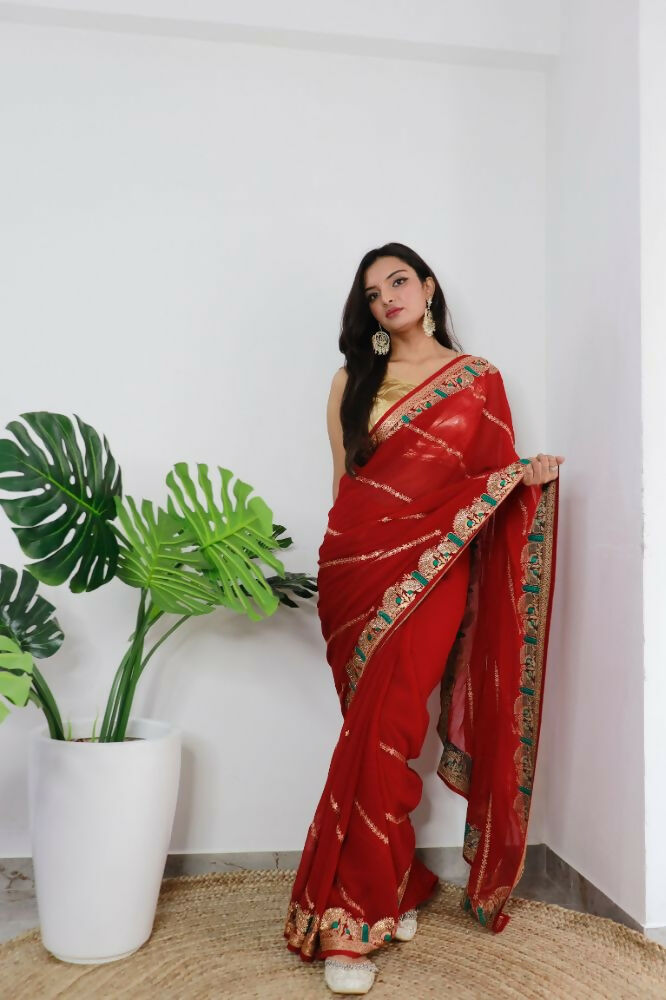 Vamsee Aaradhna Red Georgette Saree - Swadesiicart