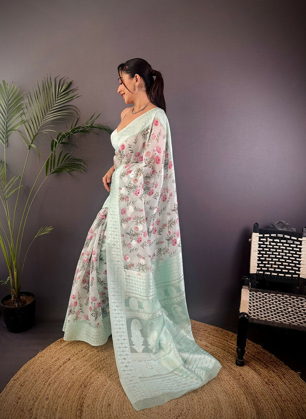 Joban Fashion Sky Blue Floral Motifs Banarasi Silk Sarees | Swadesiicart
