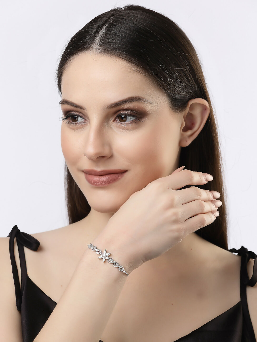 NVR Women Silver-Plated Handcrafted American Diamond Link Bracelet - NR Retail-NVR